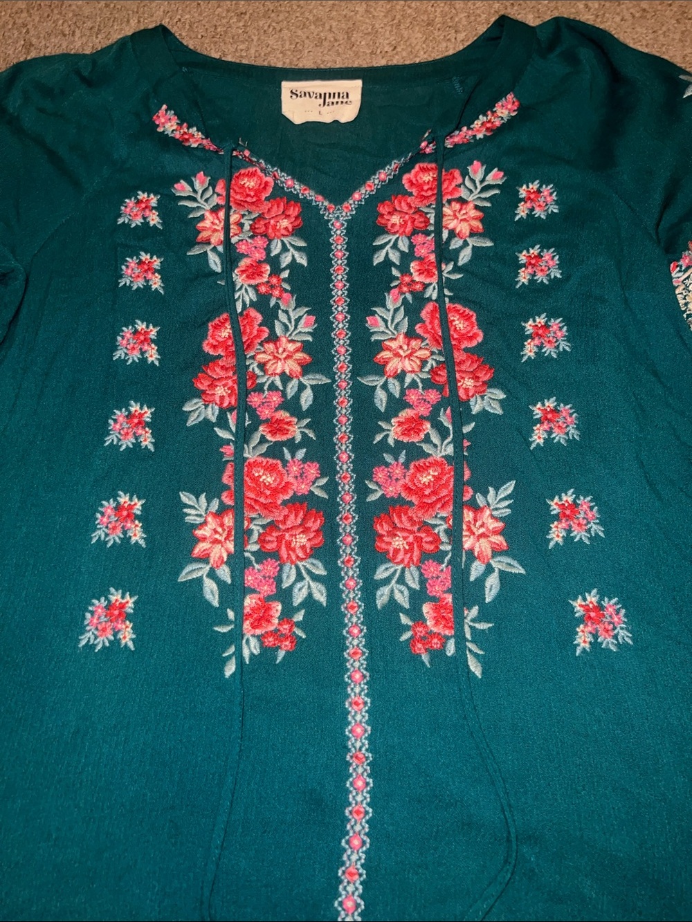 Savanna Jane Teal Tunic with Pink Floral Embroidery Size Large - Picture 3 of 7